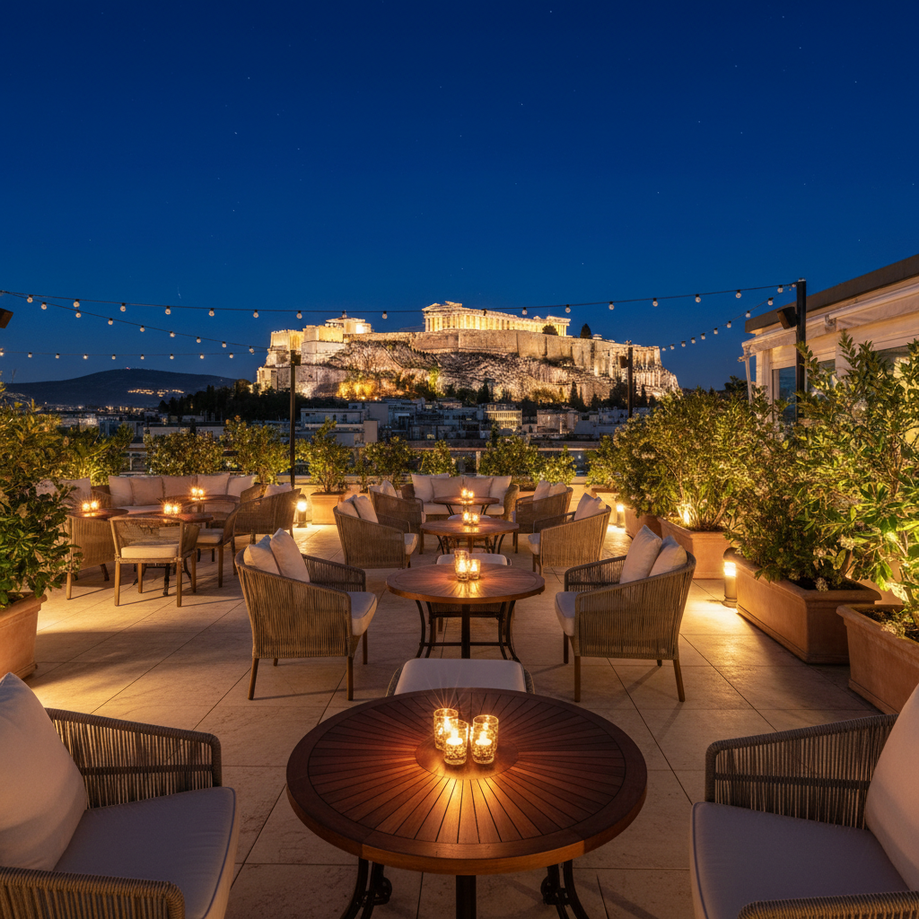 Rooftopbar med utsikt mot Akropolis